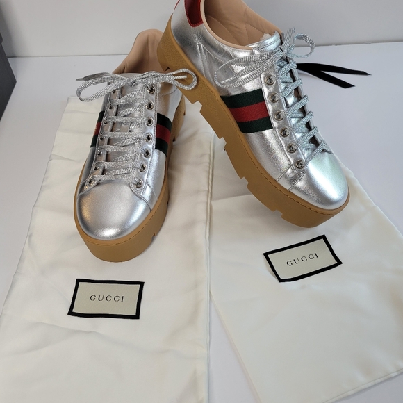 Gucci silver leather platform sneaker new in box size 8.5 - Picture 6 of 8